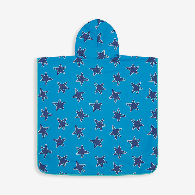 A blue starfish pattern Beach Towel Poncho, perfect for kids after a swim. It has a hood for extra cosiness.